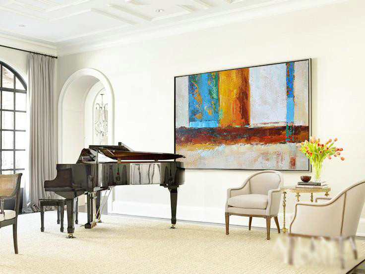 Large Abstract Painting On Canvas,Horizontal Palette Knife Contemporary Art,Hand-Painted Canvas Art,Gret,Blue,Yellow,Orange,Brown.etc